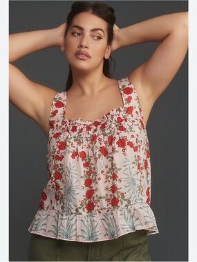 Maeve Pink Floral Smocked Square-Neck Tank with Ruffle Hem